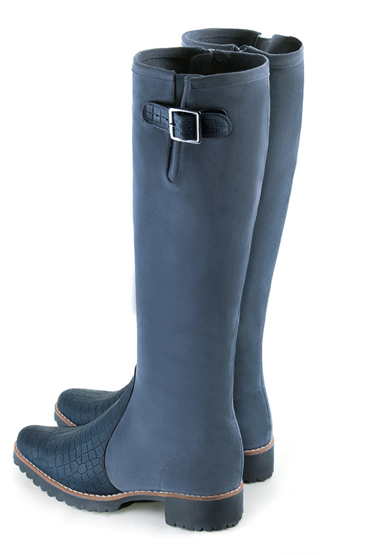 Denim blue women's knee-high boots with buckles. Round toe. Flat rubber soles. Made to measure. Rear view - Florence KOOIJMAN